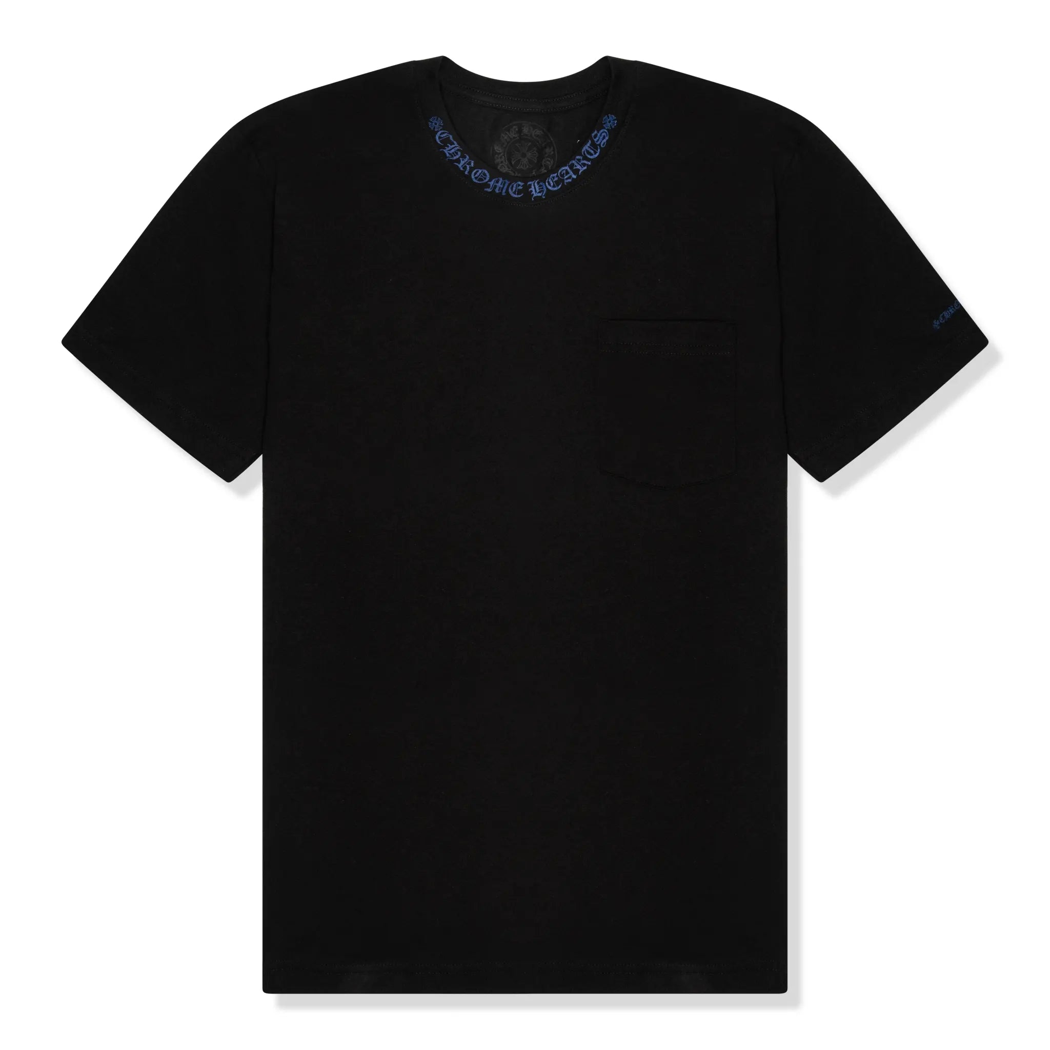 Front View of Chrome Hearts 1988 Neck Logo Black Blue Pocket T Shirt
